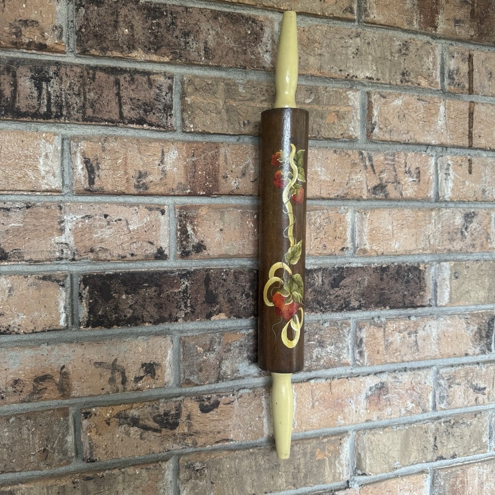 Primitive Hand Painted Wooden Rolling Pin Wall Hanging – Folk Art Strawberries - Picture 4 of 10
